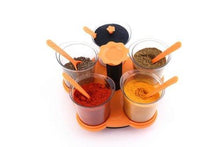 Load image into Gallery viewer, 066 -360 Degree Pickle (Achar) / Storage Containers with Black Lids and Spoon (5 Jars with lid, 5 Spoons, 1 Tray) Multicolor