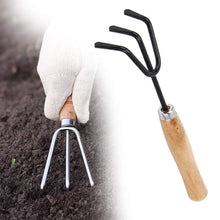 Load image into Gallery viewer, Your Brand Gardening Tools - Reusable Rubber Gloves, Pruners Scissor(Flower Cutter) & Garden Tool Wooden Handle (3pcs-Hand Cultivator, Small Trowel, Garden Fork)