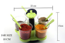 Load image into Gallery viewer, 066 -360 Degree Pickle (Achar) / Storage Containers with Black Lids and Spoon (5 Jars with lid, 5 Spoons, 1 Tray) Multicolor